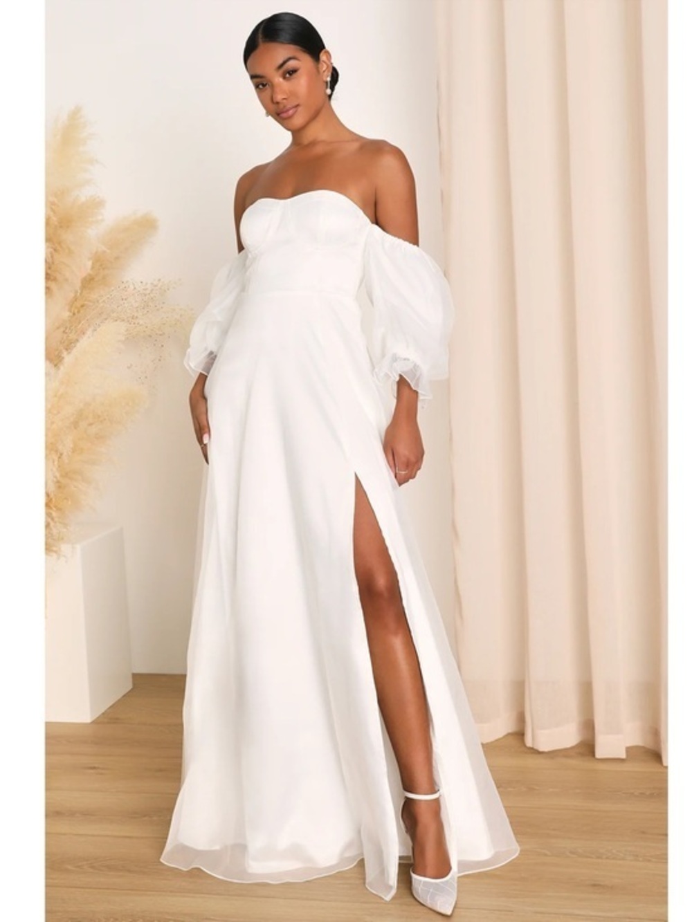 NWT Lulu’s True Excellence White Bustier Off-The-Shoulder Wedding Maxi Dress